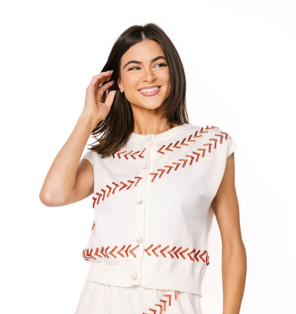 Beaded Baseball Stitch Button Up Vest- (Women's)