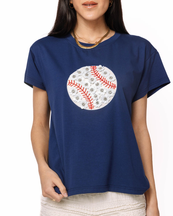 Navy Flower Baseball Tee- (Women's)