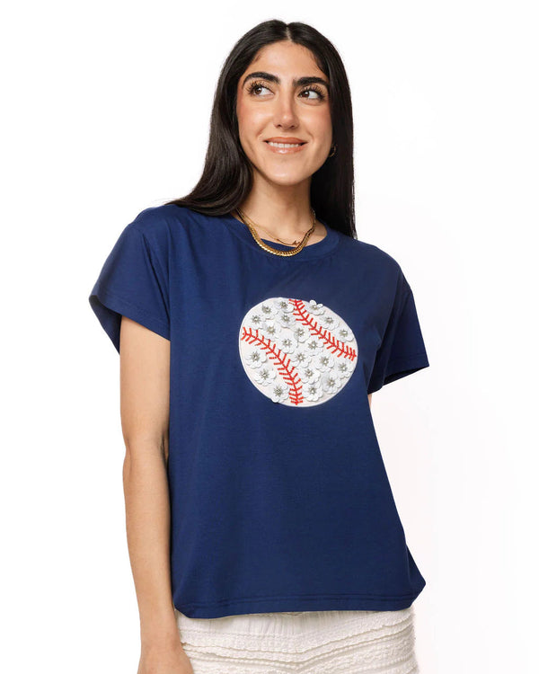 Navy Flower Baseball Tee- (Women's)