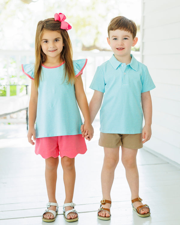 Mia Scallop Short Set- Dark Mint Stripe w/ Pink