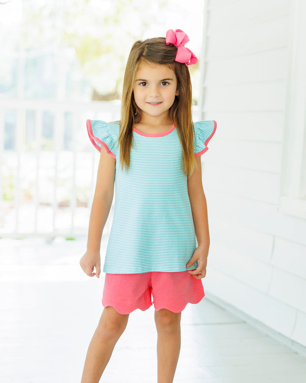 Mia Scallop Short Set- Dark Mint Stripe w/ Pink