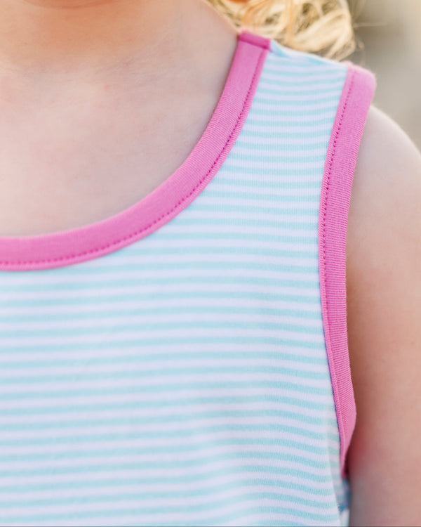 Abby Bow Back Bloomer Set- Aqua Stripe and Fuchsia