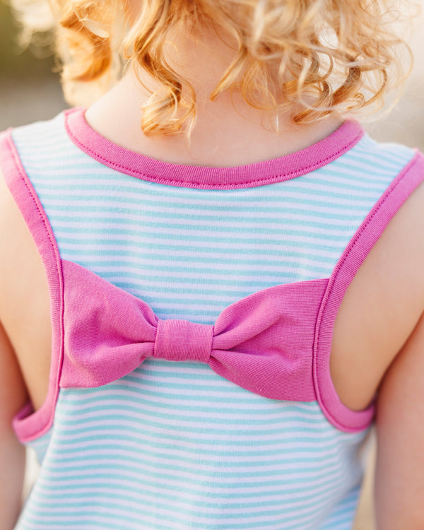 Abby Bow Back Bloomer Set- Aqua Stripe and Fuchsia
