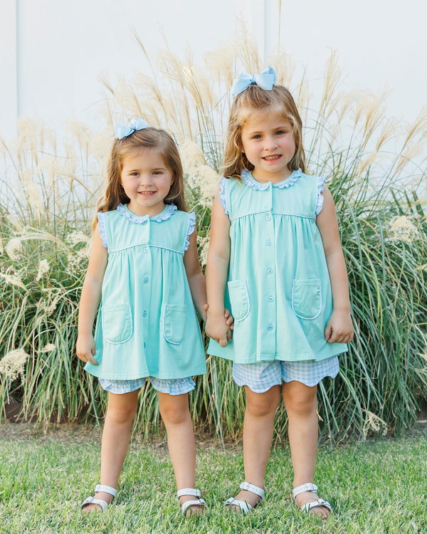 Harper Scallop Short Set- Mint w/ Light Blue Gingham