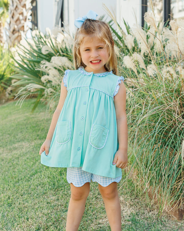 Harper Scallop Short Set- Mint w/ Light Blue Gingham