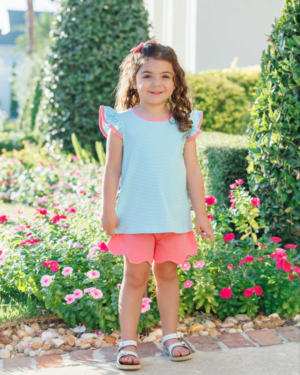 Mia Scallop Short Set- Dark Mint Stripe w/ Pink