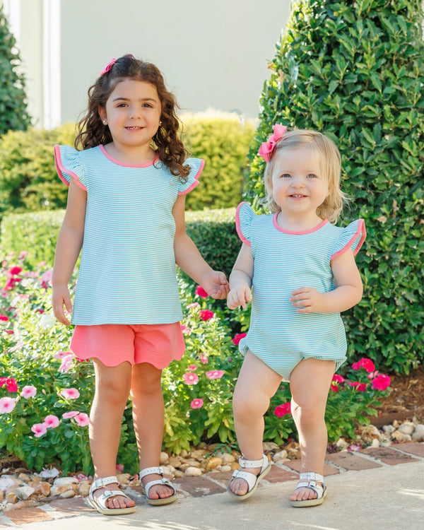 Mia Scallop Short Set- Dark Mint Stripe w/ Pink