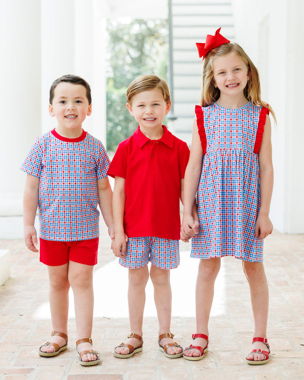 Patriotic Plaid Michael Polo Short Set