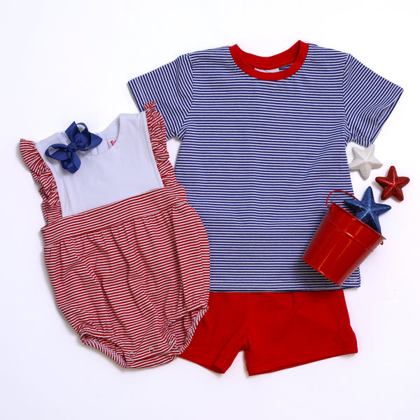 Royal Blue Stripe & Red Short Set