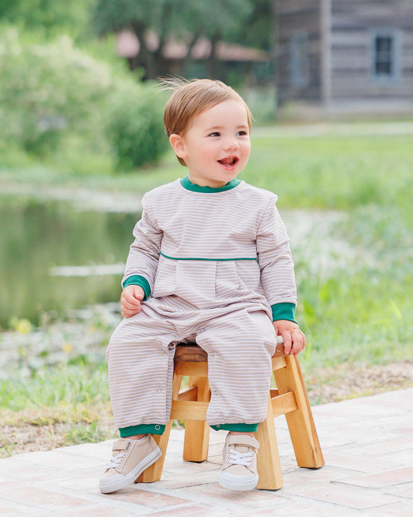 Patrick Romper- Tan Stripe/Hunter Green