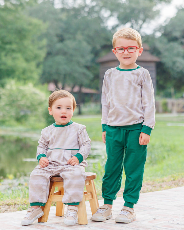 Connor Jogger Set- Tan Stripe/Hunter Green