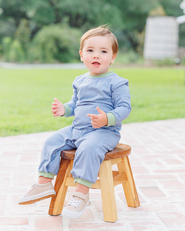 Thomas Romper- Dusty Blue Stripe/Sage