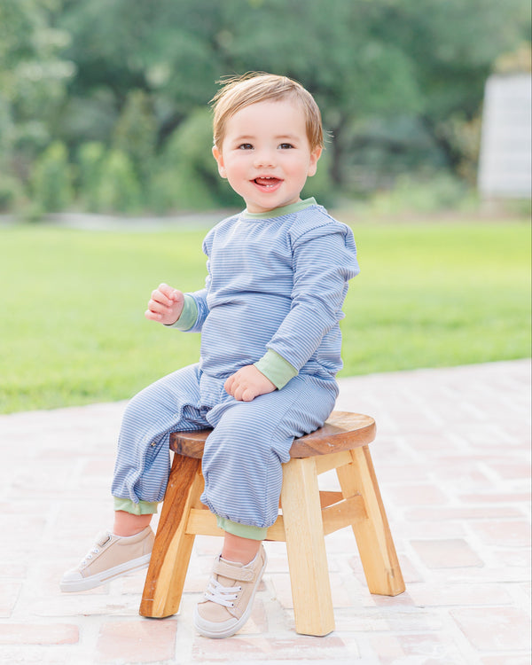 Thomas Romper- Dusty Blue Stripe/Sage