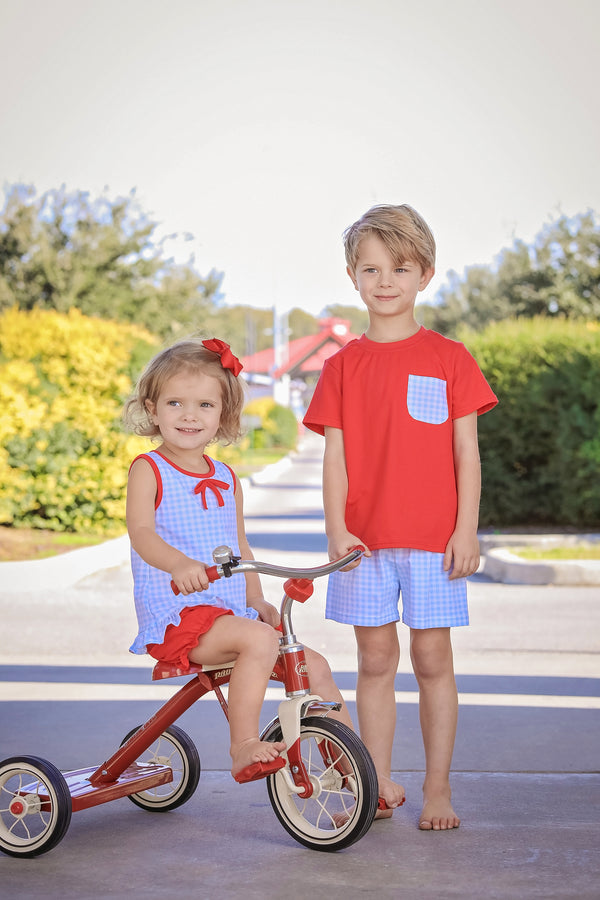 Blue Gingham/Red Pocket Short Set