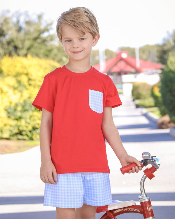 Blue Gingham/Red Pocket Short Set