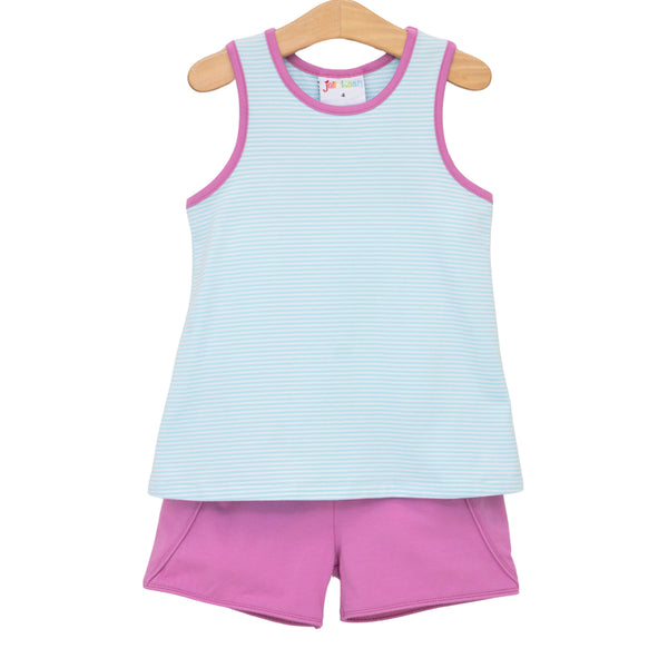 Abby Bow Back Short Set- Aqua Stripe and Fuchsia