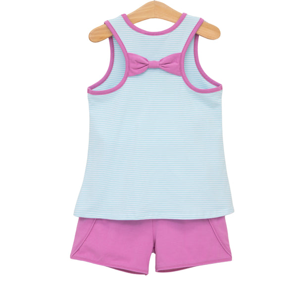 Abby Bow Back Short Set- Aqua Stripe and Fuchsia
