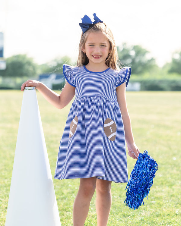 Let's Cheer! Football Pocket Dress- Royal Blue Stripe 12 Months