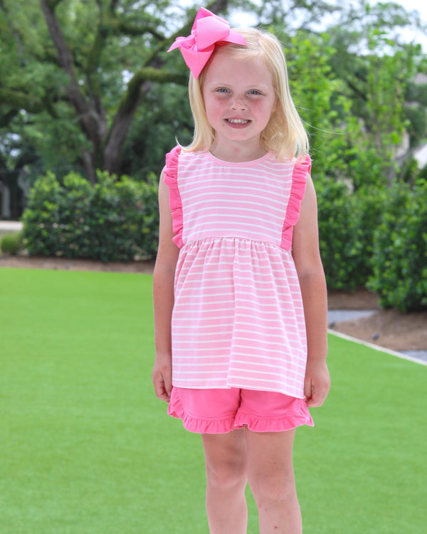 Josie Ruffle Short Set- Light Pink Stripe/Pink