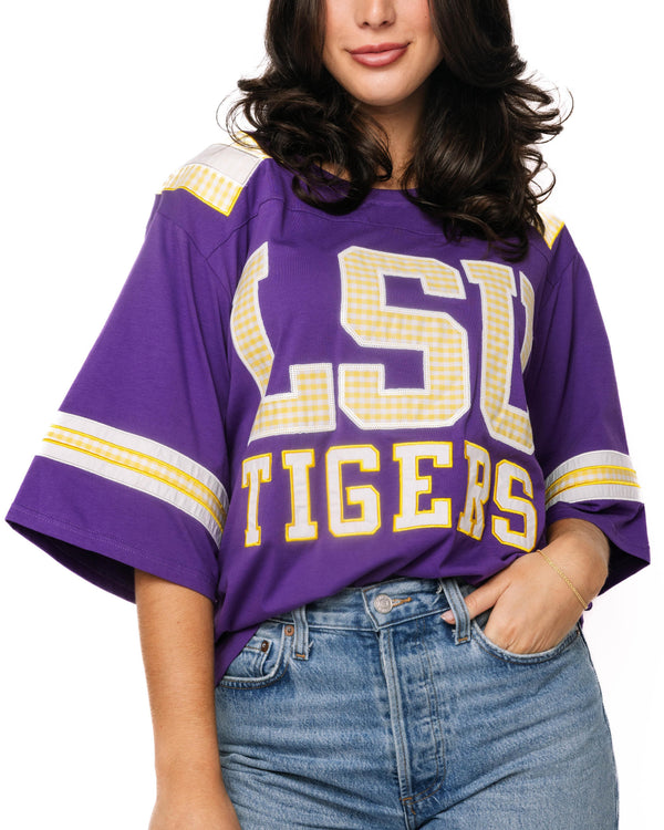 Licensed LSU Oversized Gingham Jersey Tee- (Women's)