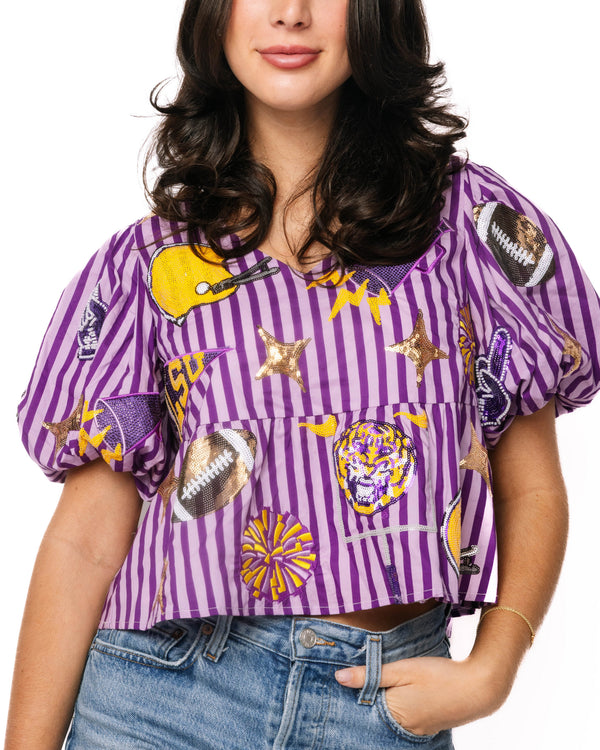 Licensed LSU Striped Sparkle Gameday Top- (Women's)