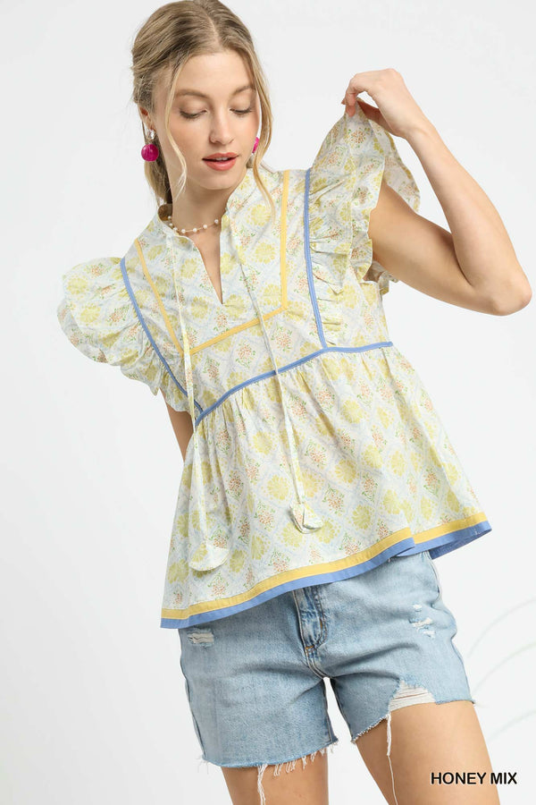 Floral Print W/ Piping Top- Honey Mix