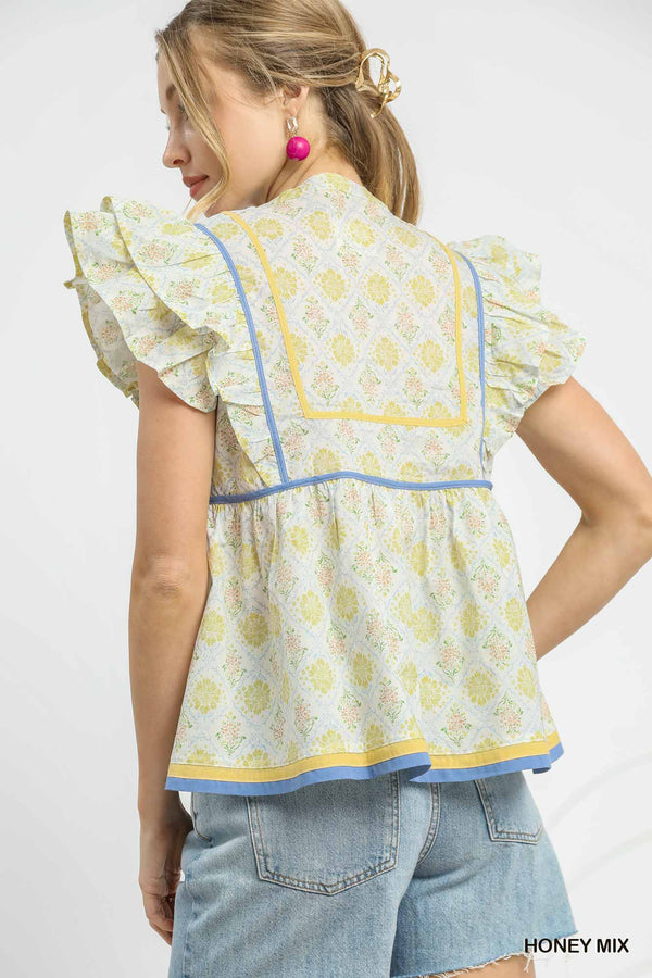 Floral Print W/ Piping Top- Honey Mix