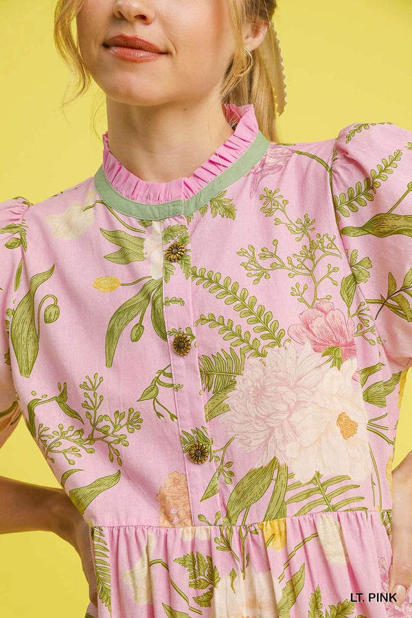 Floral Tiered Dress W/ Puff Sleeves- Light Pink