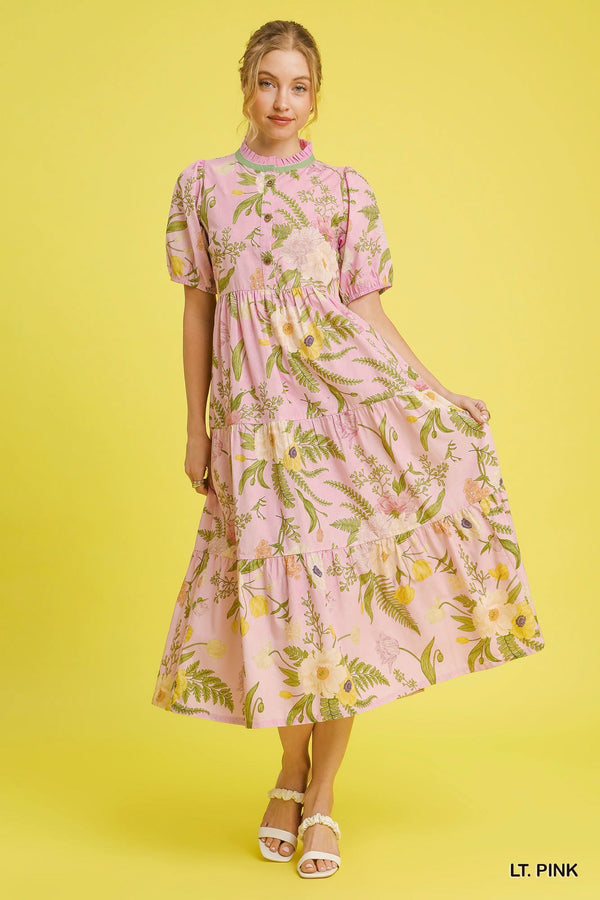 Floral Tiered Dress W/ Puff Sleeves- Light Pink