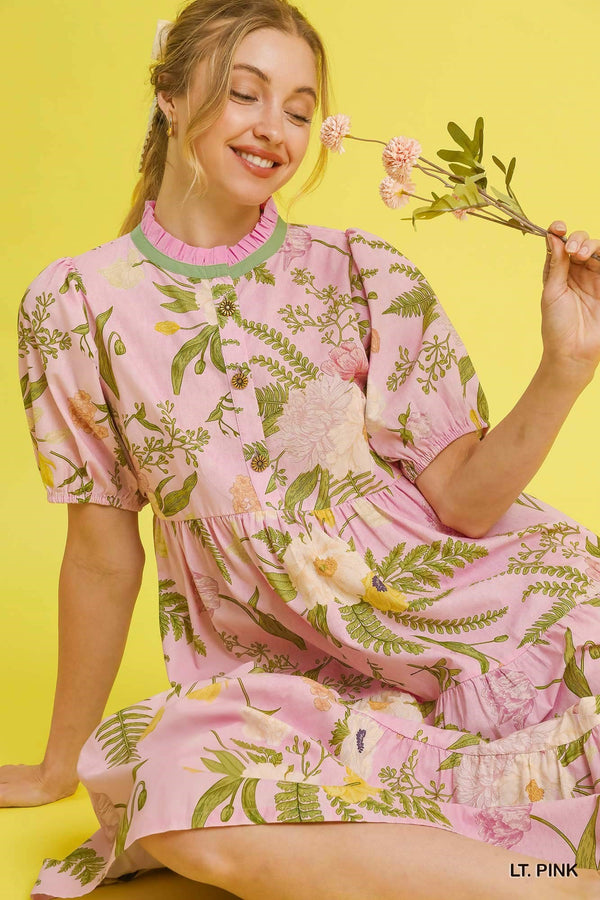 Floral Tiered Dress W/ Puff Sleeves- Light Pink
