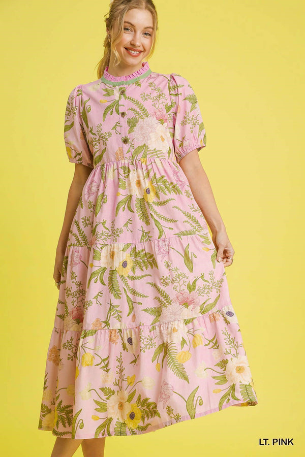Floral Tiered Dress W/ Puff Sleeves- Light Pink