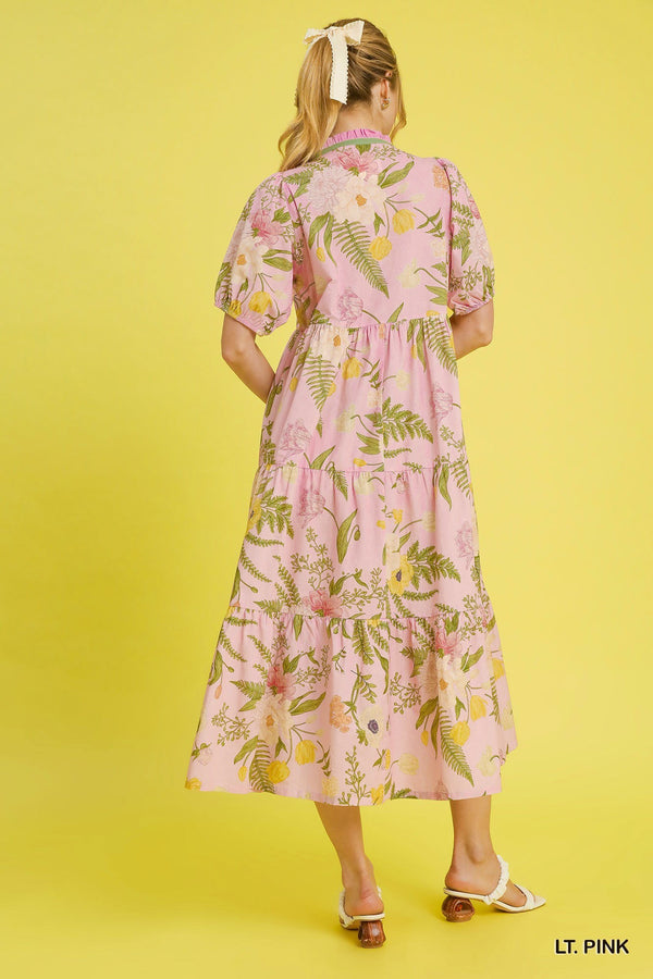 Floral Tiered Dress W/ Puff Sleeves- Light Pink
