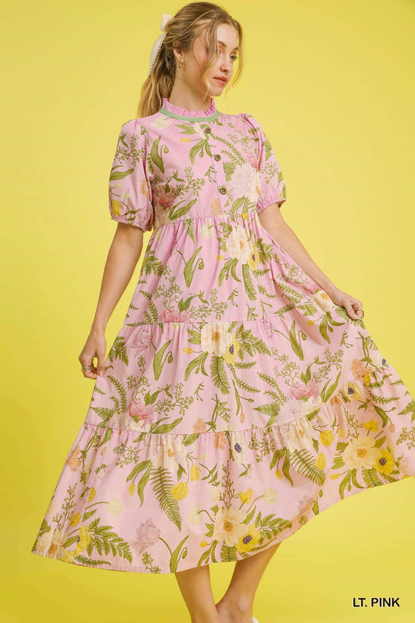 Floral Tiered Dress W/ Puff Sleeves- Light Pink