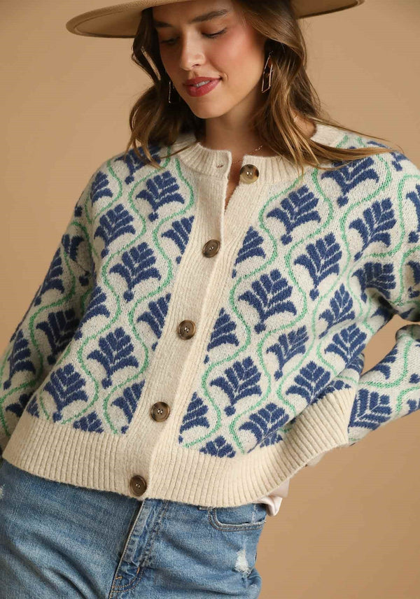 Jacquard Mix Button-Front Knit Cardigan- Navy Mix
