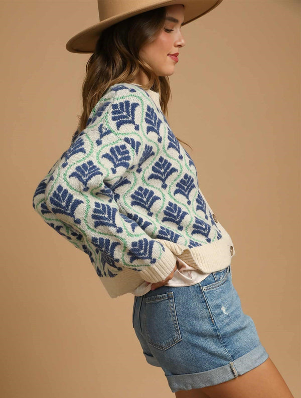Jacquard Mix Button-Front Knit Cardigan- Navy Mix