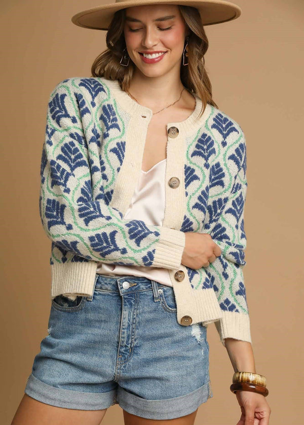 Jacquard Mix Button-Front Knit Cardigan- Navy Mix