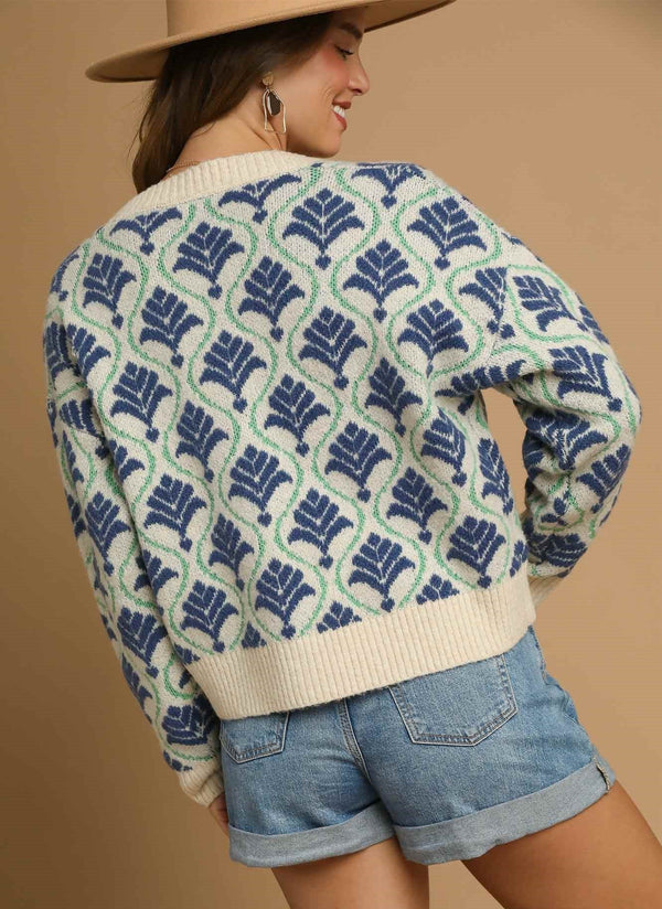 Jacquard Mix Button-Front Knit Cardigan- Navy Mix