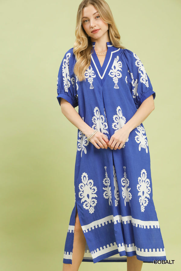 Two Tone Border Print Dress- Cobalt