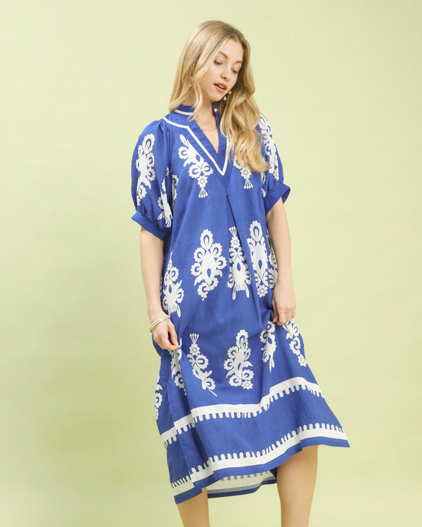 Two Tone Border Print Dress- Cobalt