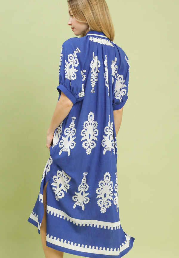 Two Tone Border Print Dress- Cobalt