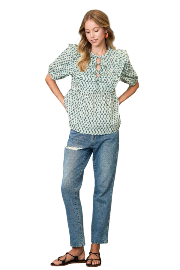 Abstract Print W/ Ribbon Tie Top - Blue