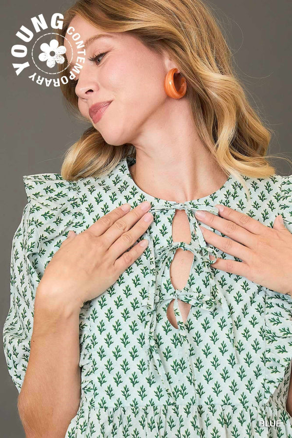 Abstract Print W/ Ribbon Tie Top - Blue