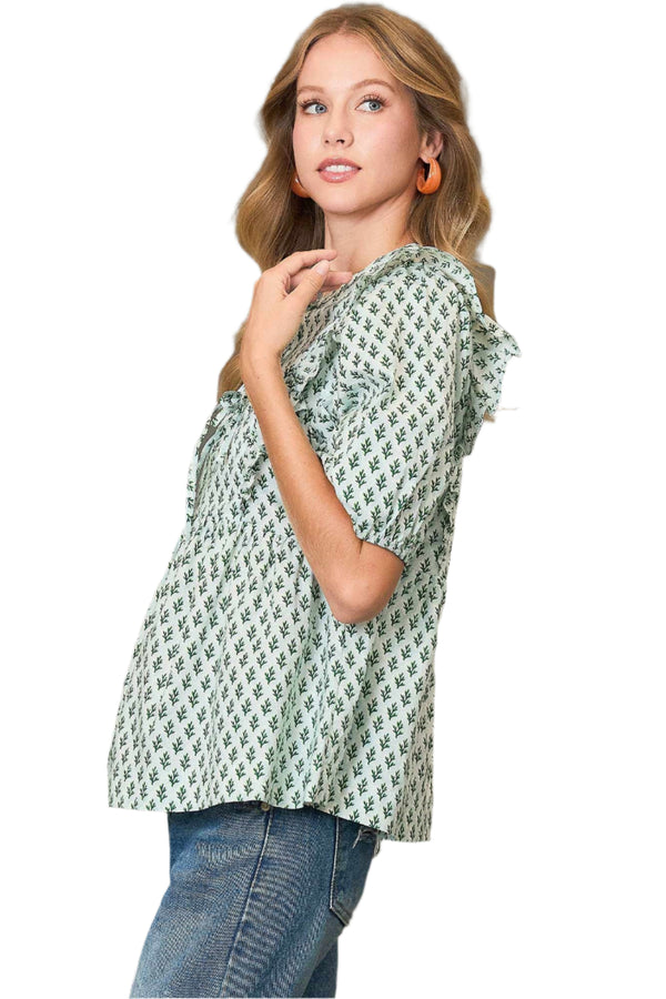 Abstract Print W/ Ribbon Tie Top - Blue