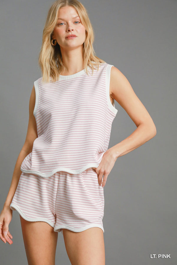 Textured Scalloped Knit Short Set- Light Pink