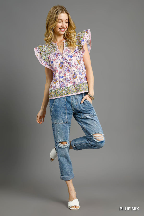 Vintage Floral Patchwork Flutter Top- Blue Mix