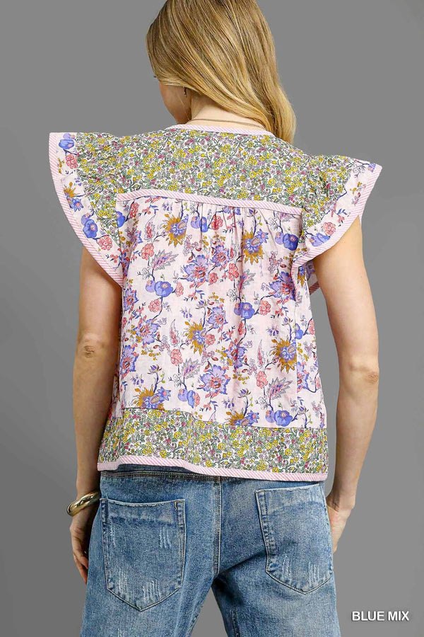 Vintage Floral Patchwork Flutter Top- Blue Mix