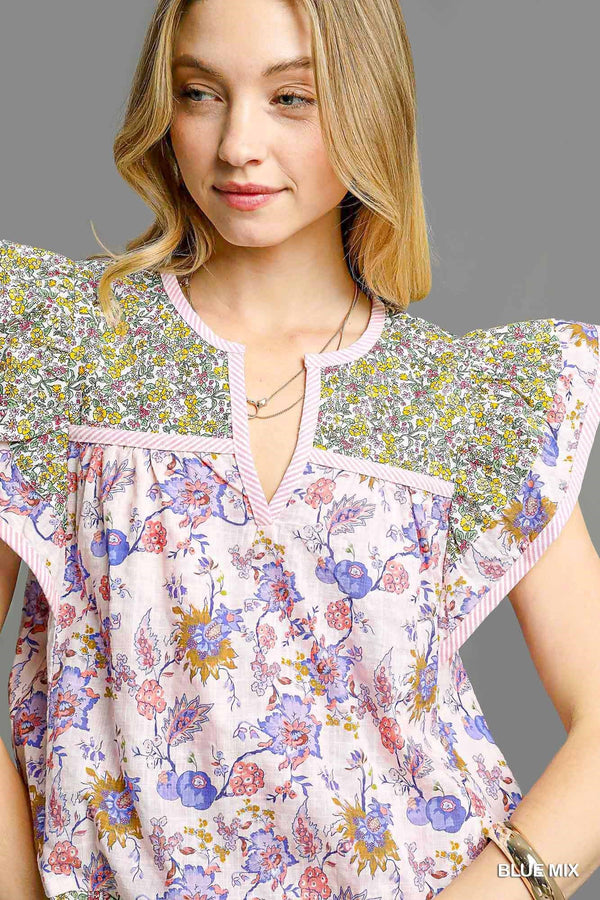 Vintage Floral Patchwork Flutter Top- Blue Mix