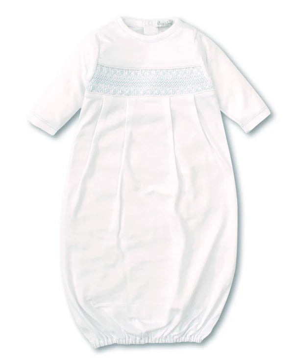 Hand Smocked Charmed Sack Gown- White/Lt. Blue