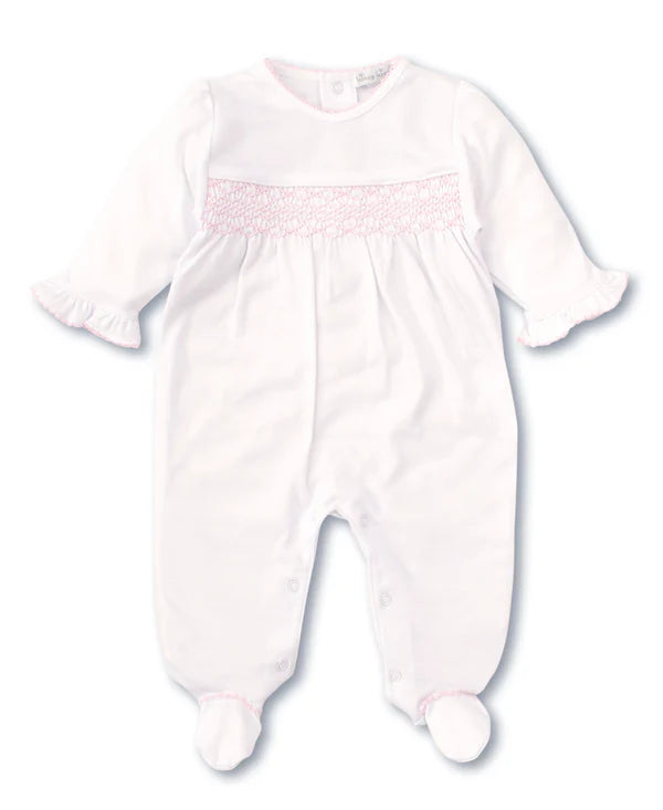 Hand Smocked Charmed Ruffle Footie- White/Pink