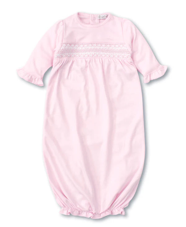 Hand Smocked Charmed Sack Ruffle Gown- Pink